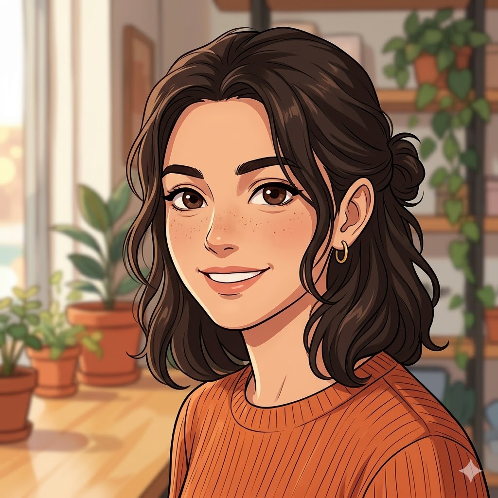 Uma personagem com cabelos castanhos e um sorriso amigável, vestindo uma blusa laranja