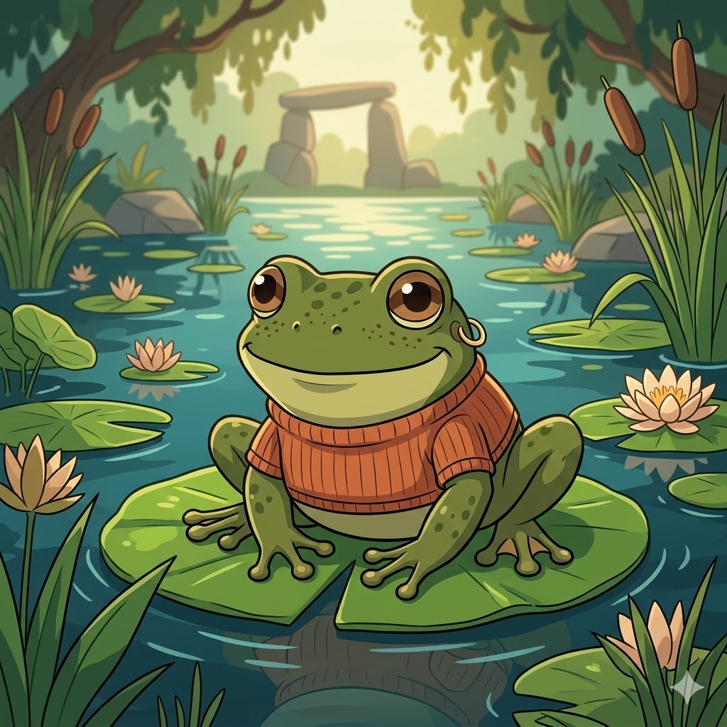 Imagem de um sapo verde com olhos grandes e expressão sorridente